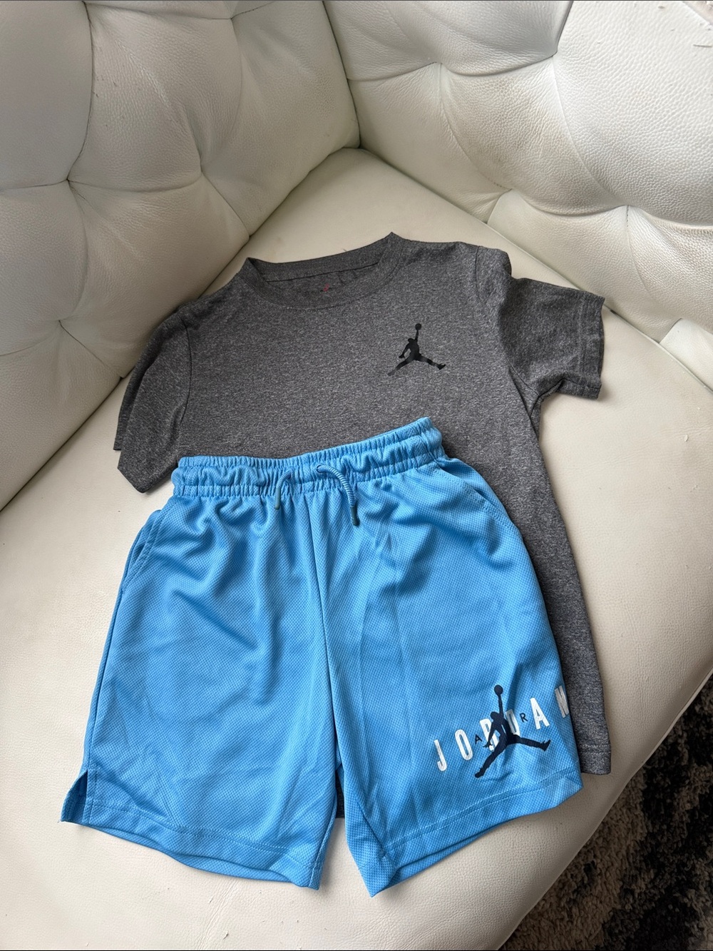 Jordan Youth Gray Tee with blue Jordan Shorts